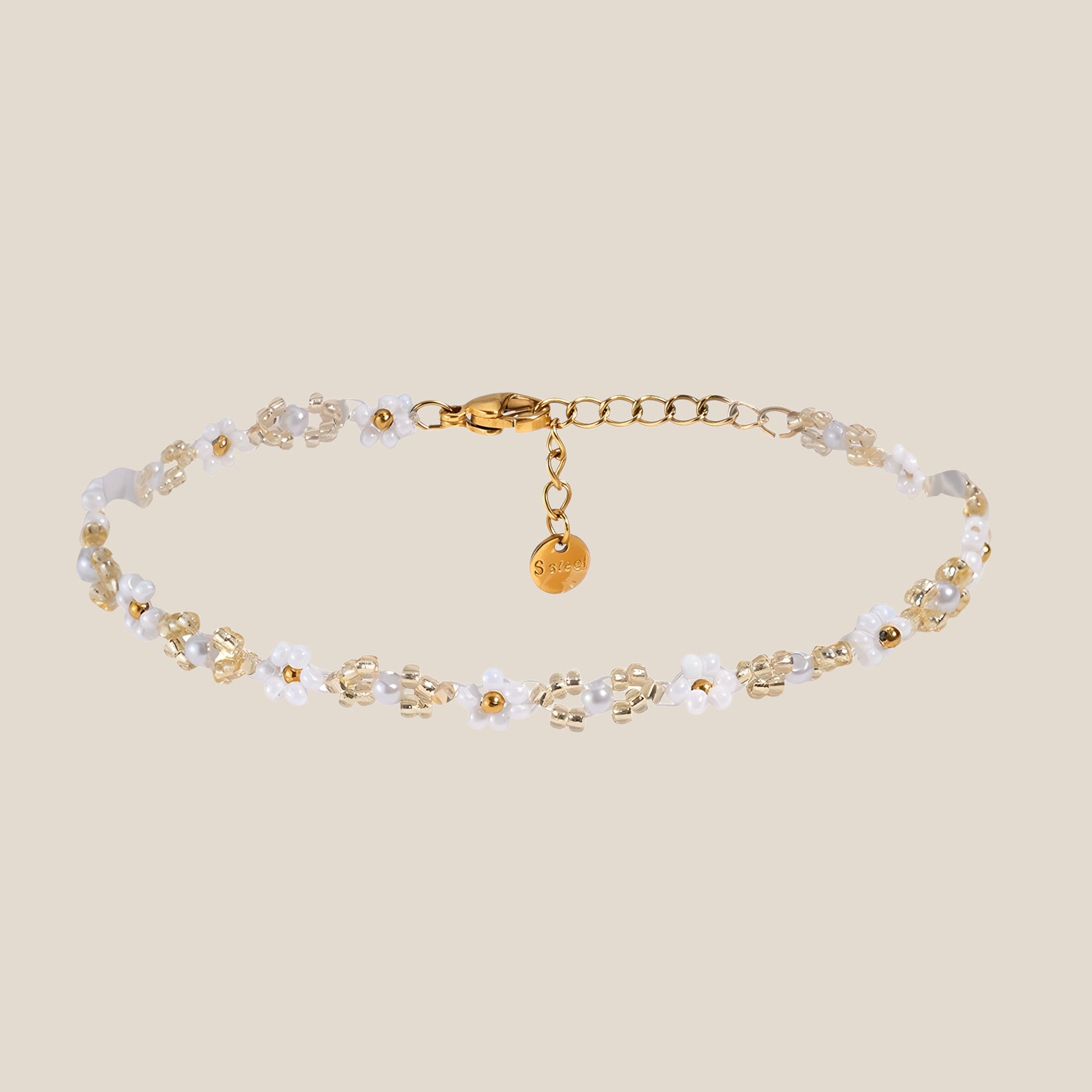 Monochrome Color Flower With Beads Deco Summer Fußkette