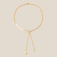 Pearl And Heavy Oval Chain With Heart Deco Halskette