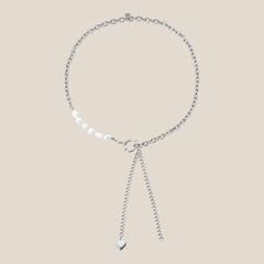 Pearl And Heavy Oval Chain With Heart Deco Halskette