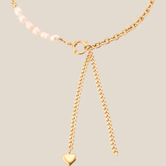 Pearl And Heavy Oval Chain With Heart Deco Halskette